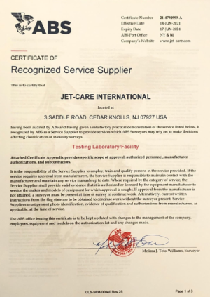ABS Service Supplier Certificate Jet-Care International Inc