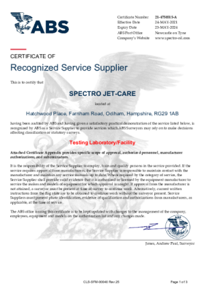 Jet-Care US American Bureau of Shipping Service Supplier Certificate