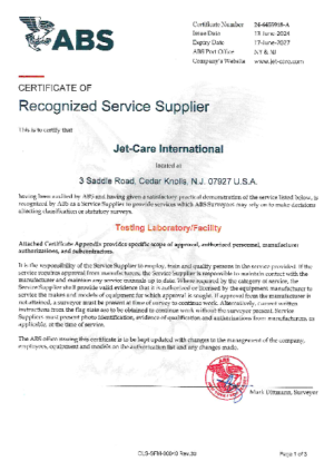 ABS Service Supplier Certificate Jet-Care International Inc
